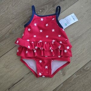 NWT Carters Baby Girl American Star Red White and Blue Ruffle Swim with snap